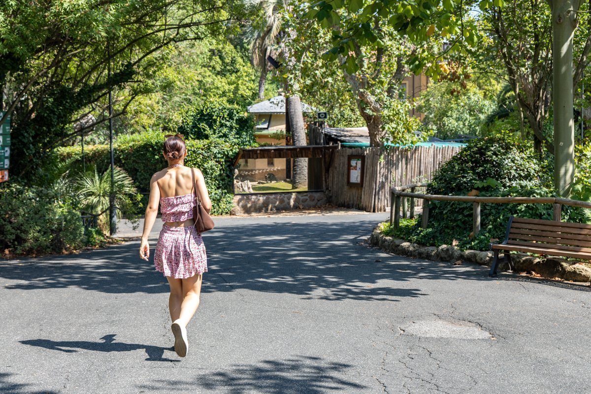 Personne qui se balade dans les allées ornées de flore