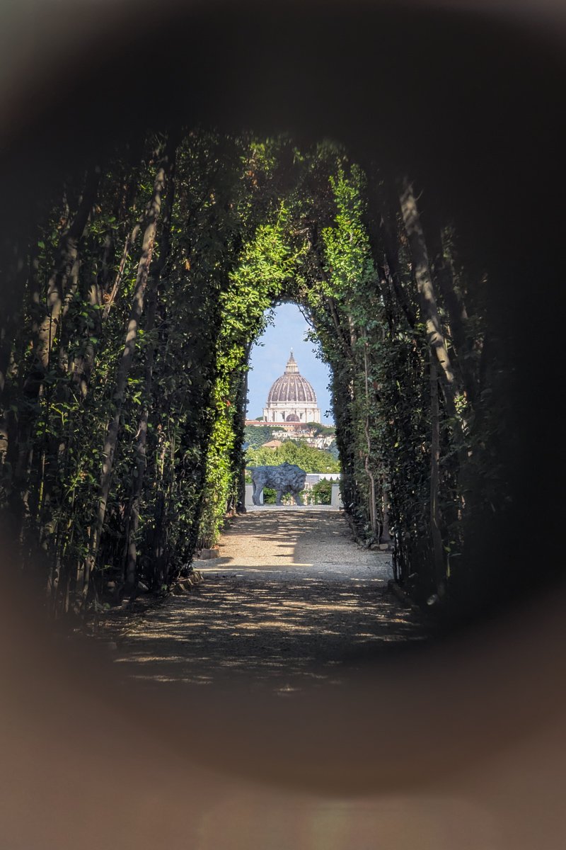 Vue par le trou avec les cyprès