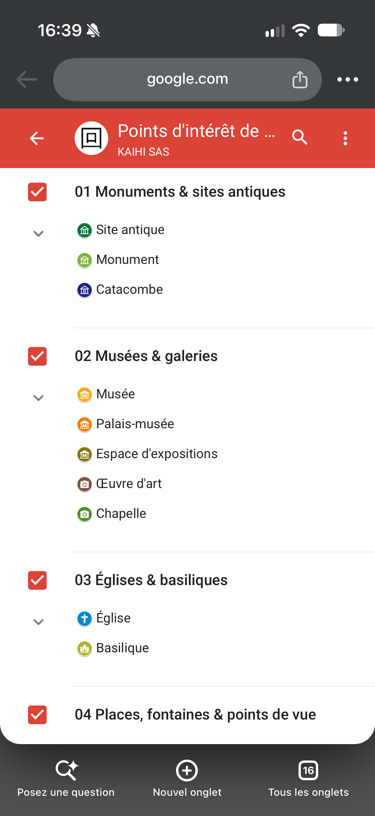 Screenshot des catégories de la carte