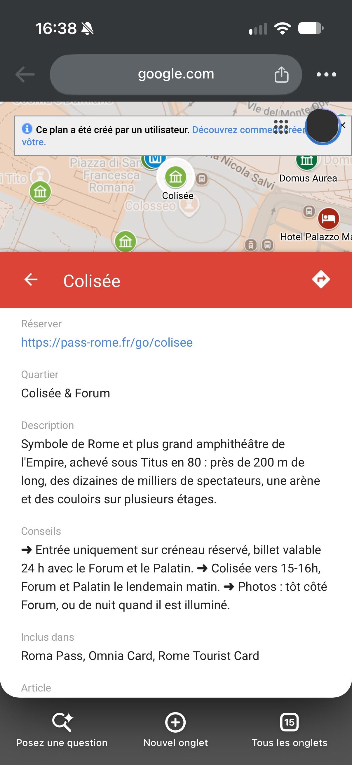 Screenshot d'un exemple de description sur le Colisée