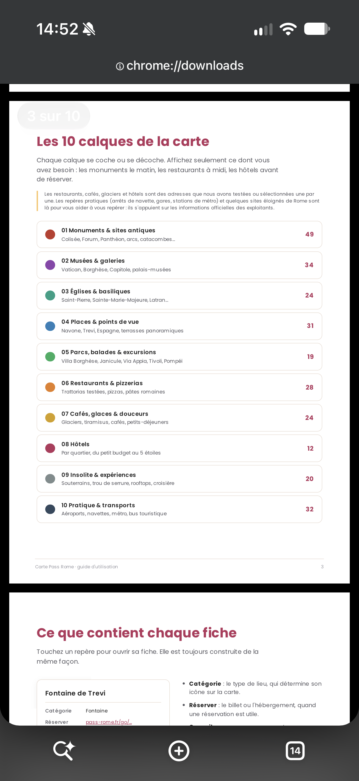 Screenshot de la liste des catégories décrites dans le PDF